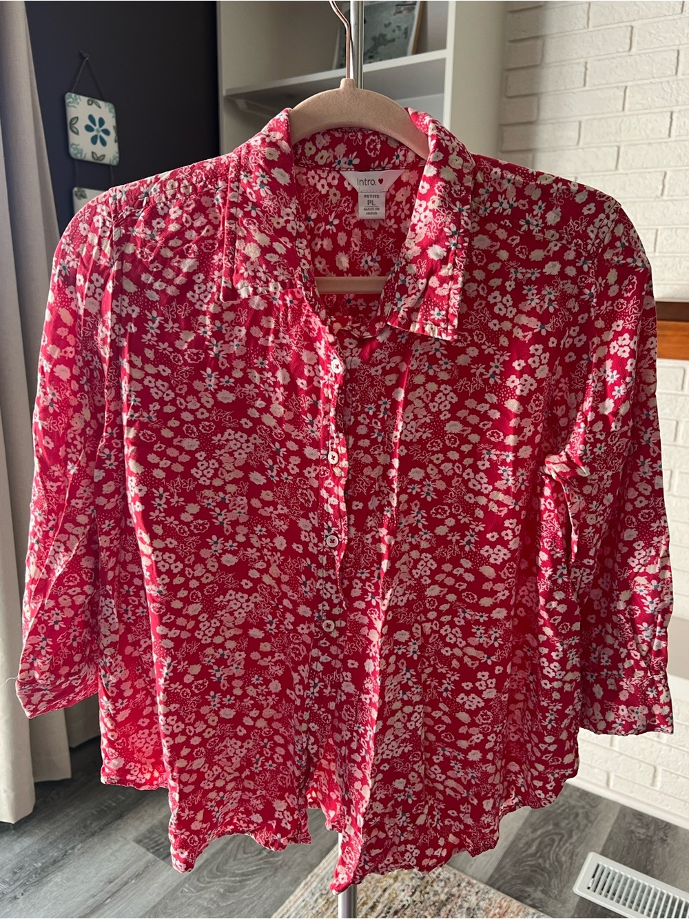 intro. Red and White Floral Button-Up Shirt